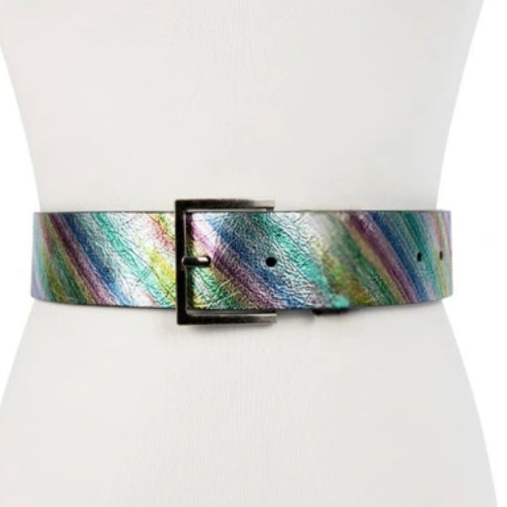 Kurt Geiger‎ London Leather Stretch Belt- Light Blue/Antique Silver